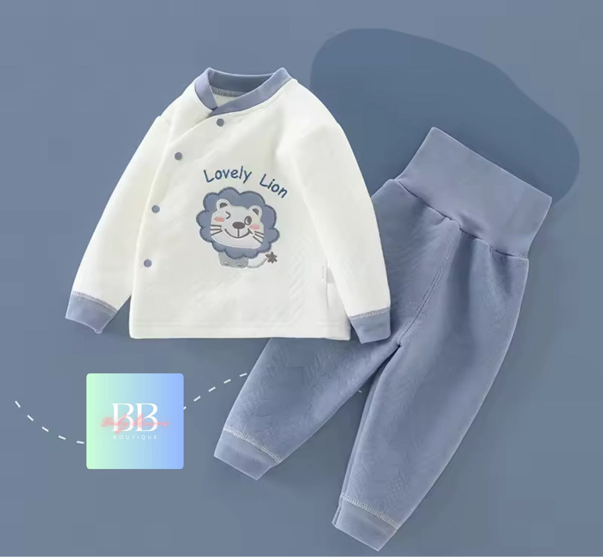 Children's outfit with white shirt and blue pants on a dark blue background