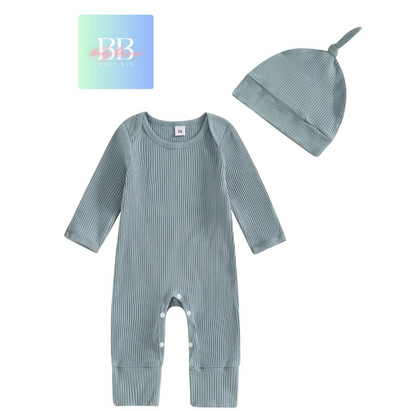 Baby/Toddler Ribbed Long Sleeve Romper with Hat. 0-12M, 4 colours available.