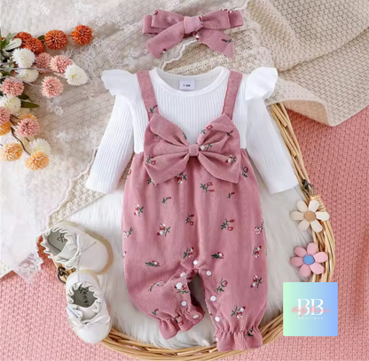 Baby Girl Long Sleeve Floral Romper with Patchwork Bow & Headband. 2 Colours, 3-18M