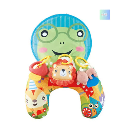 Colorful baby toy shaped like the letter 'A' with animal faces and a smiling frog character.