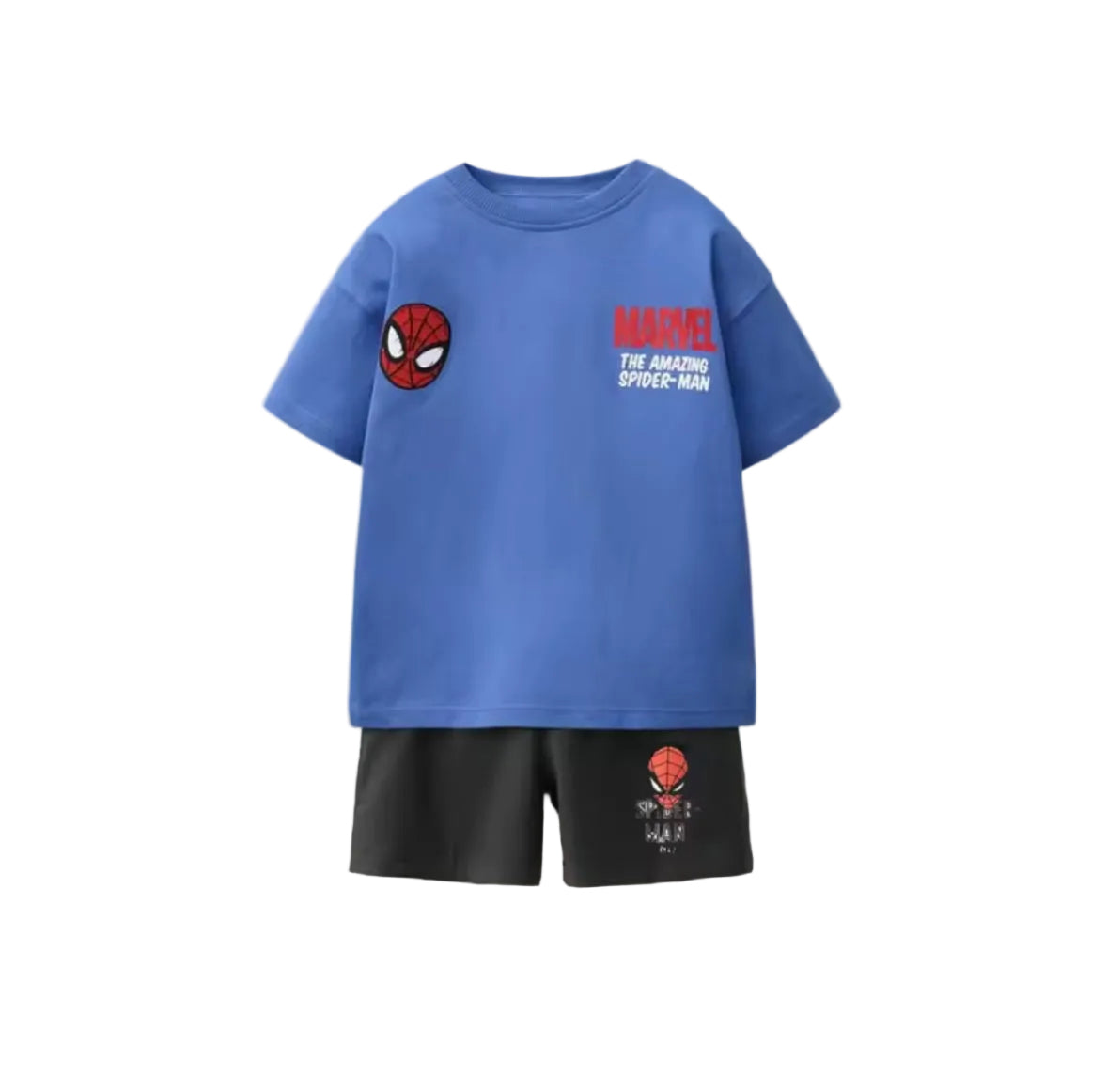 Blue t-shirt and black shorts set with Spider-Man branding on a light gray background