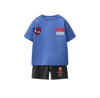 Blue t-shirt and black shorts set with Spider-Man branding on a light gray background