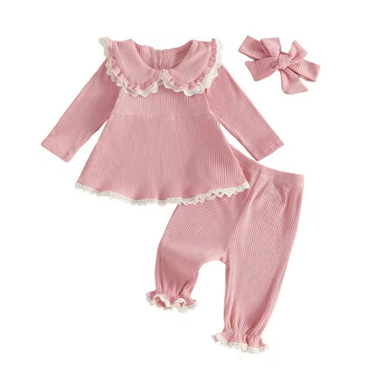Baby Toddler Girls Ribbed Lace Trim Top Trousers & Headband Set. 3 Colours 6M-3Y