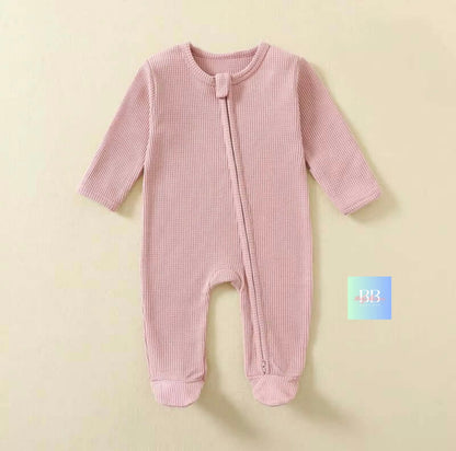 Organic waffle Cotton Baby Rompers with zip. Footed Long-Sleeve Sleepsuits 3-12M, 4 colours.