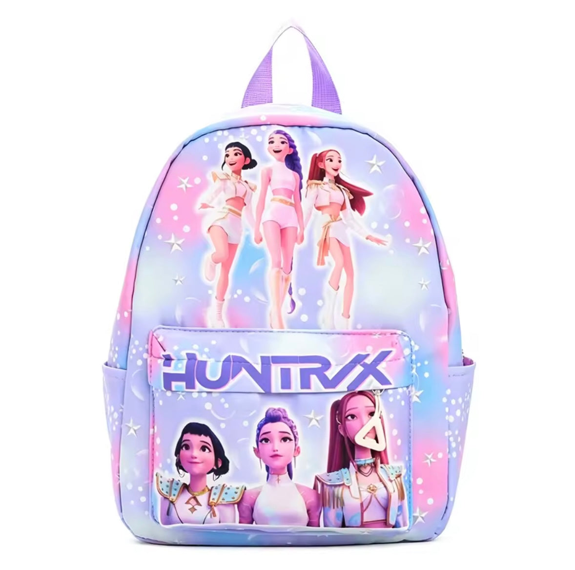 Backpack with Huntrix character design on a white background