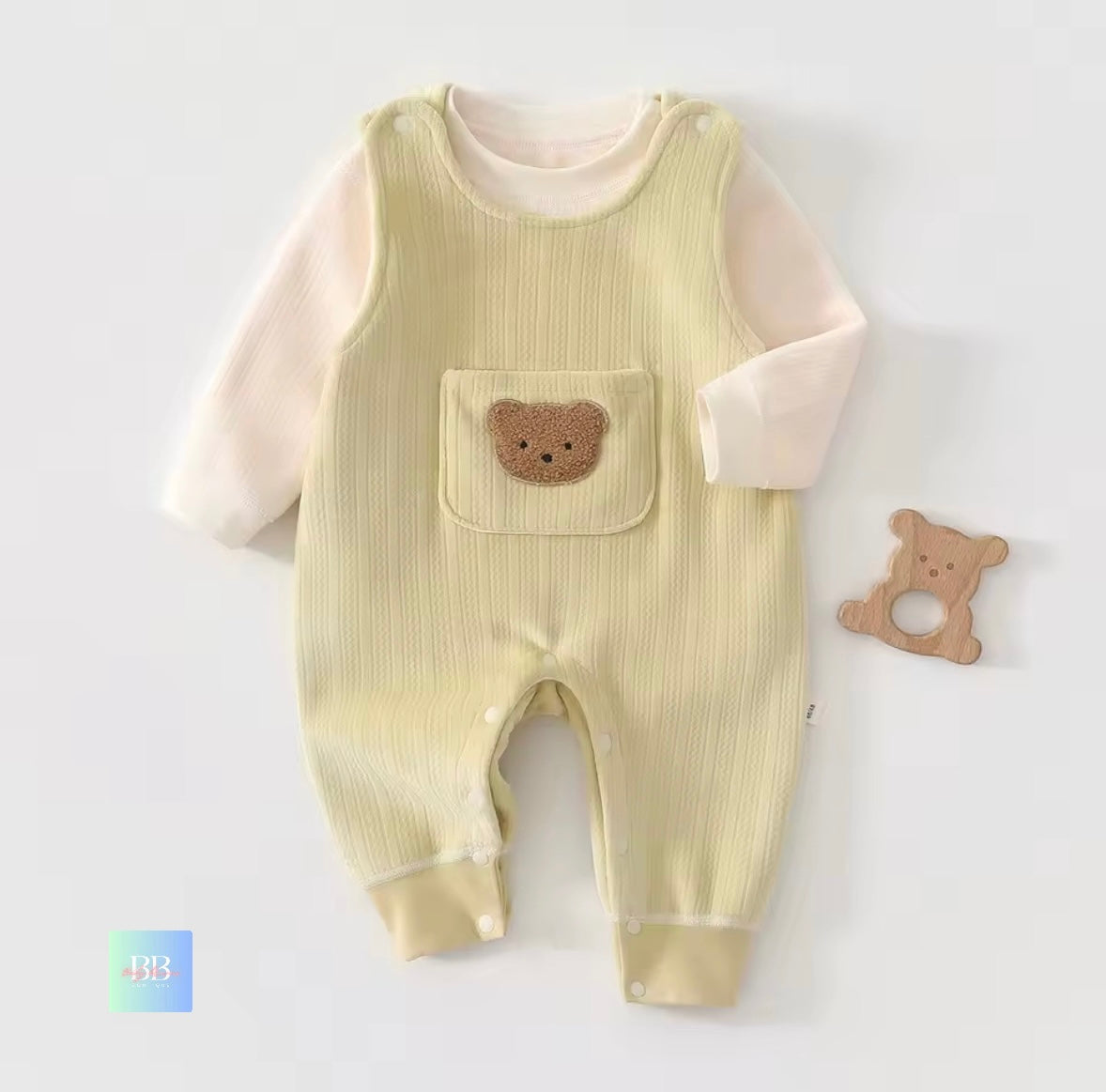 Baby romper with bear design on a white background