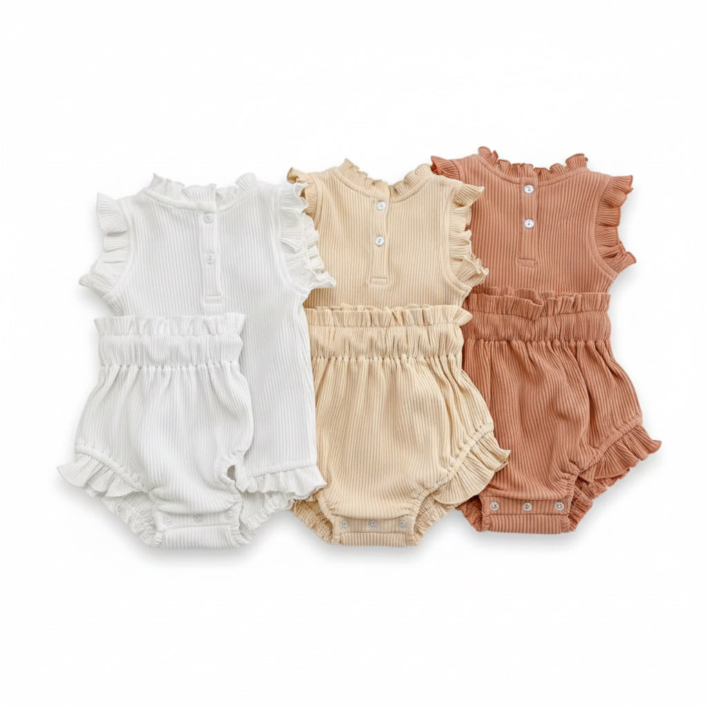 Baby Toddler Girls Ribbed Romper Vest & Matching Shorts Set. 3 Colours 0M-12M