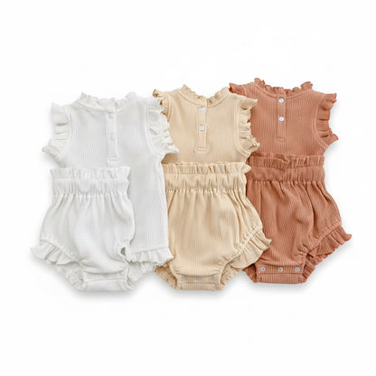 Baby Toddler Girls Ribbed Romper Vest & Matching Shorts Set. 3 Colours 0M-12M