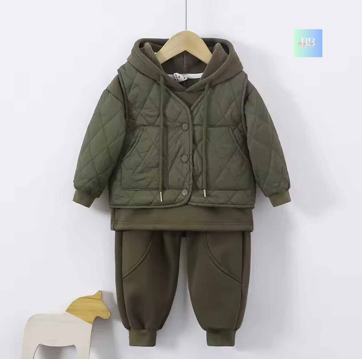 Children's green quilted jacket and pants set on a white background