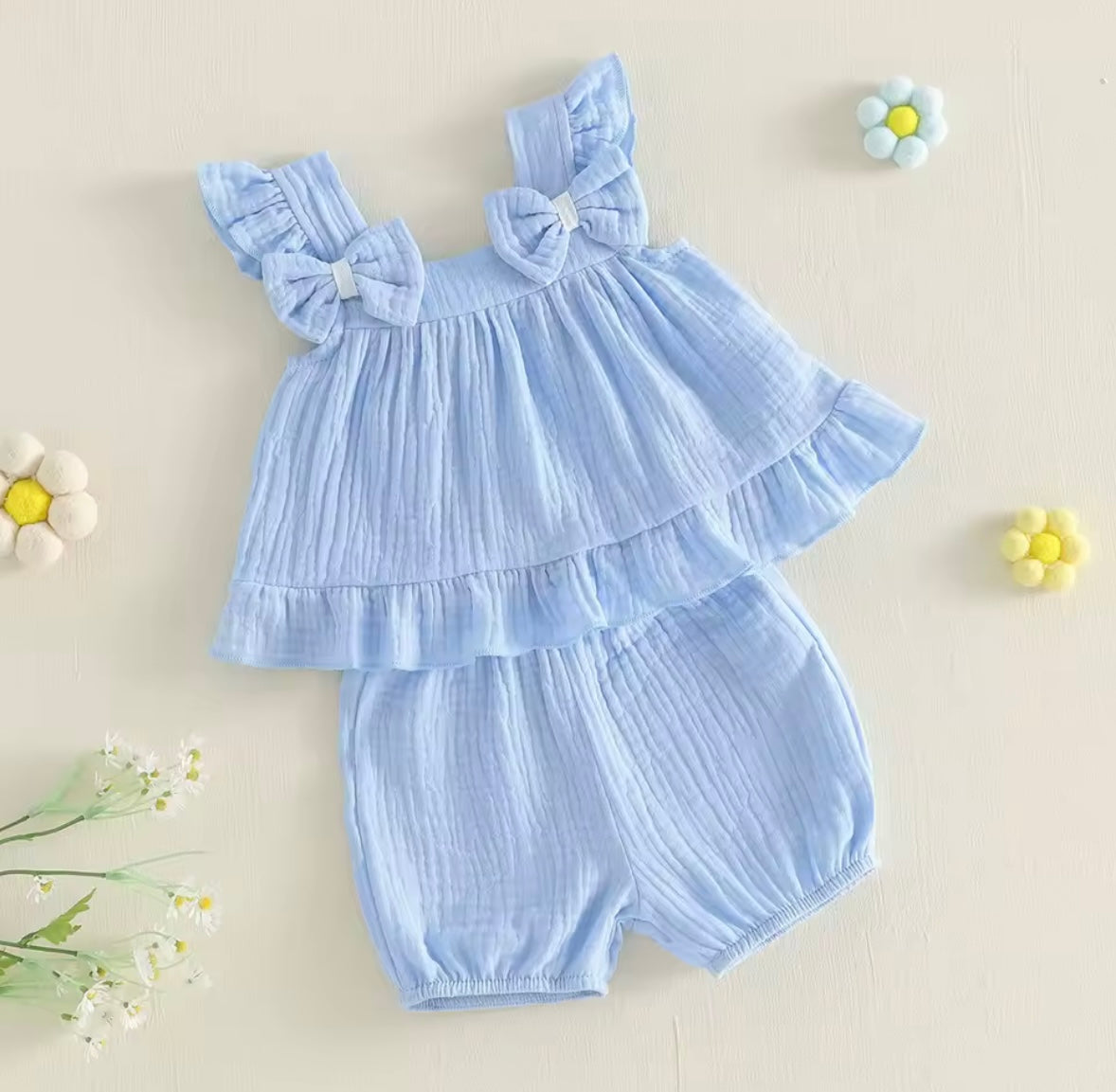Kids Girls Muslin Ruffled Bowknot Vest Top & Shorts Set. 3 Colours 12M-4Y