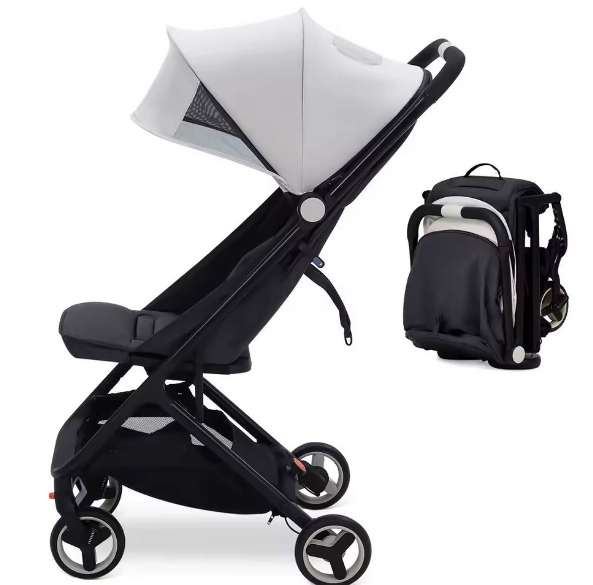 Black stroller with white canopy and matching backpack on a white background