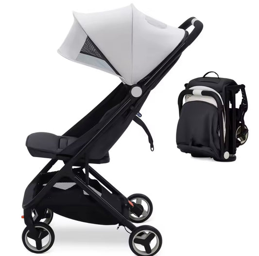 Black stroller with white canopy and matching backpack on a white background