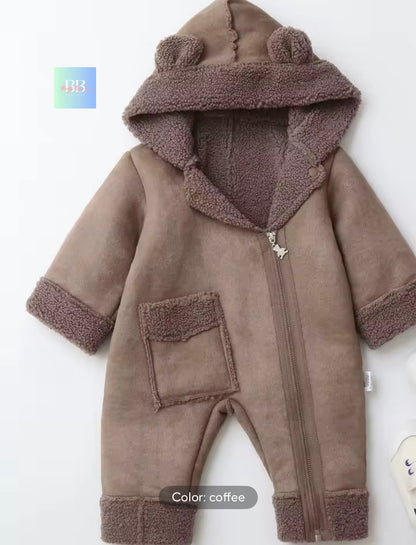 Brown baby onesie with hood and bear ears on a white background