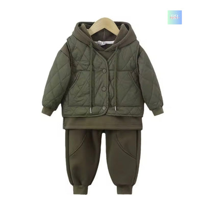 Green children's puffer jacket and pants set on a white background
