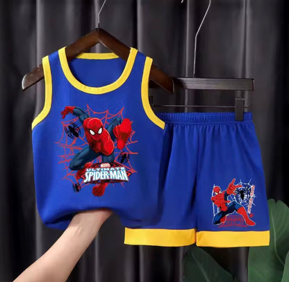 Children's blue tank top and shorts set with Spider-Man design on a hanger against a black background.