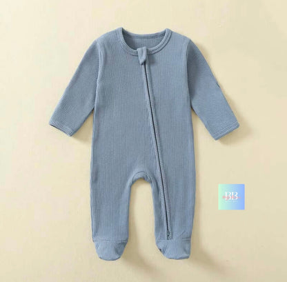 Organic waffle Cotton Baby Rompers with zip. Footed Long-Sleeve Sleepsuits 3-12M, 4 colours.