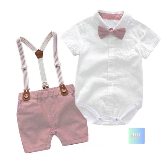 Baby/Toddler Formal Outfit. Short Dungarees, Shirt Style Romper with Bow Tie. 8 colours, 3-24M.