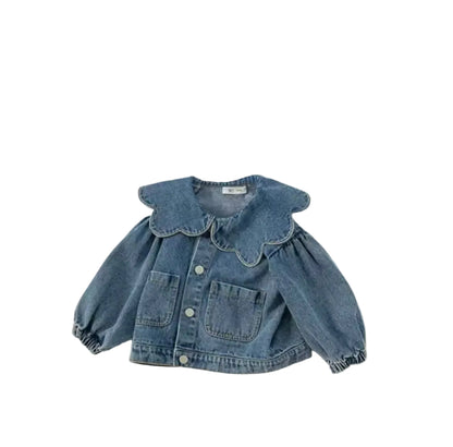 Denim jacket with ruffled collar on a white background
