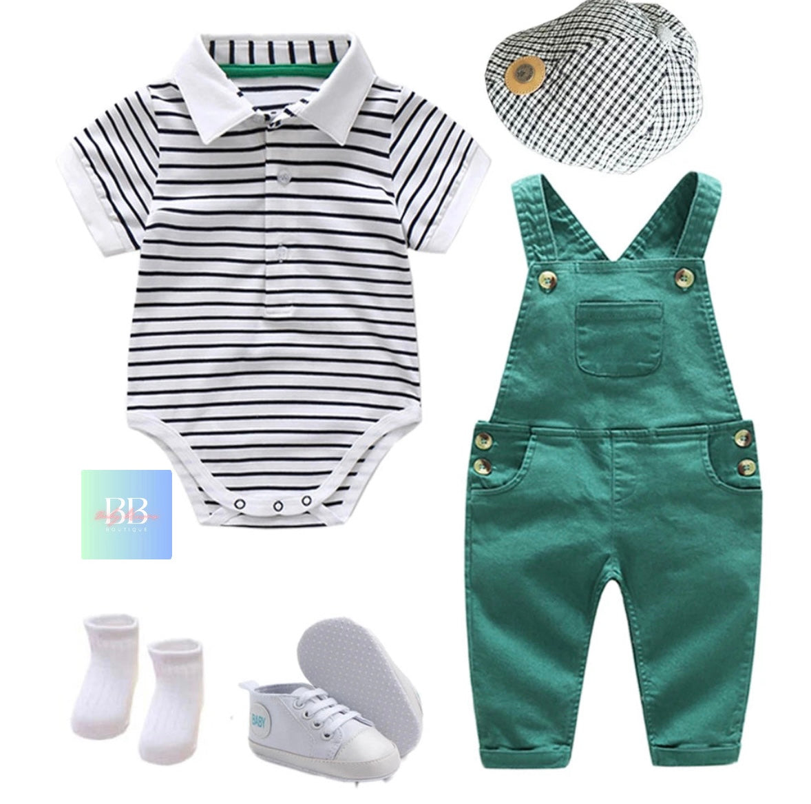 Baby/Toddler Boy Dungarees & Strip Romper with Collar. 3-24M