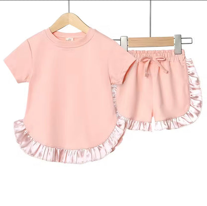 Kids Cotton Silk Edge T-shirt & Shorts Set. 6 Colours 9M-7Y