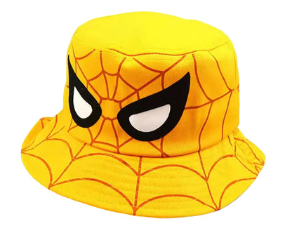 Yellow bucket hat with spider web design and eye-like patterns on a white background
