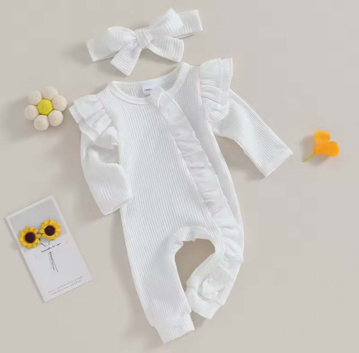 Baby Toddler Girls Ribbed Ruffle Romper & Headband Set. 3 Colours Newborn-12M