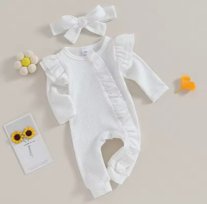 Baby Toddler Girls Ribbed Ruffle Romper & Headband Set. 3 Colours Newborn-12M