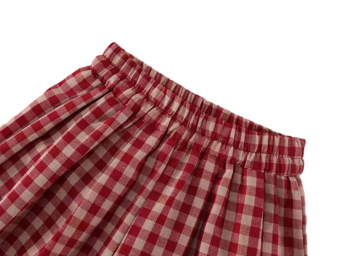 Red and white checkered fabric on a plain background
