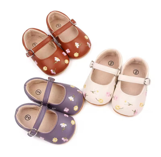 Baby Toddler Leather Flower Embroidery Anti-Slip Shoes. 3 Colours. 0-18M