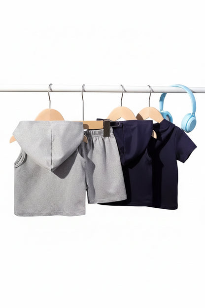 Kids Casual Hooded Sports Vest Top & Shorts 4 pcs Mix & Match Set. 2 Colours 6M-3Y