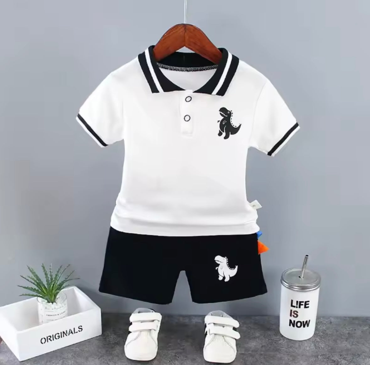 Kids Boys Lightweight Dinosaur Polo Shirt & Shorts Set. 3 Colours 12M-5Y