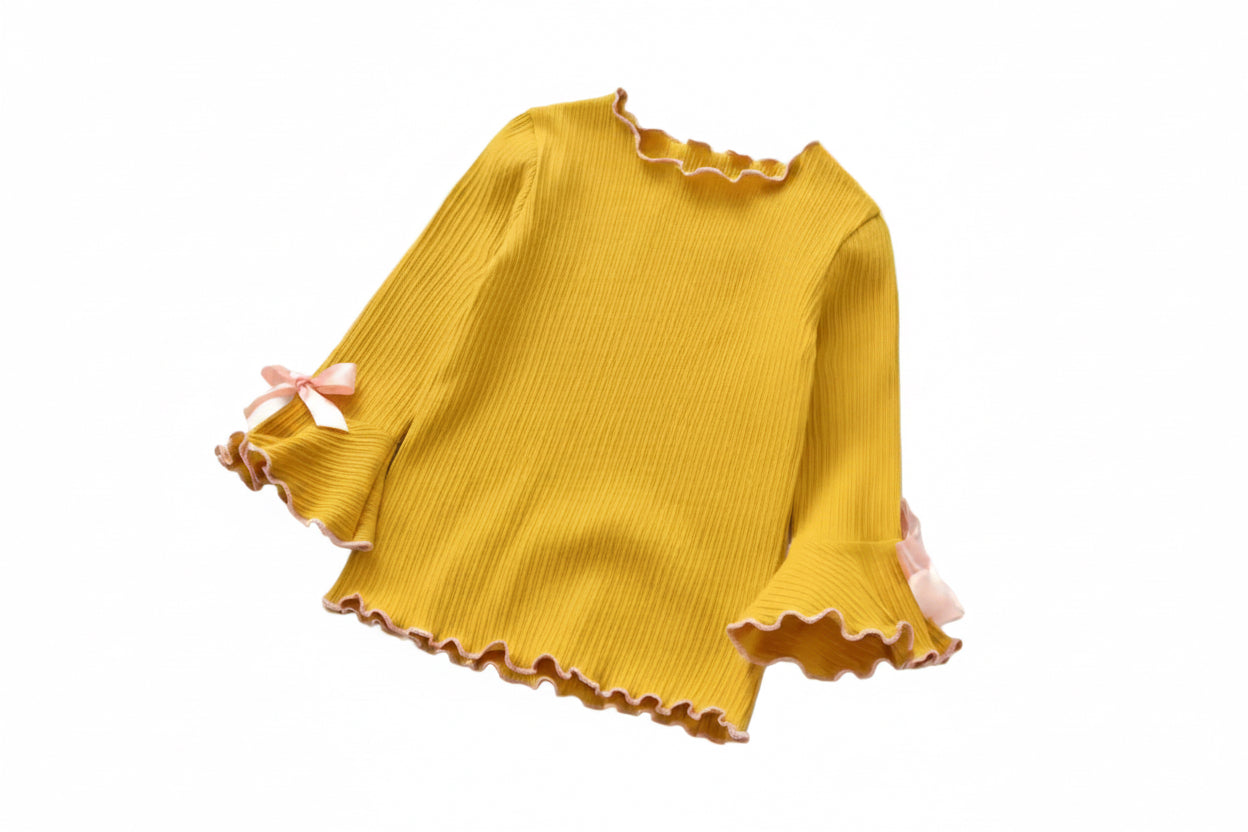 Kids Girls Ribbed Long Sleeve Bowknot Top. 3 Colours 2-8Y