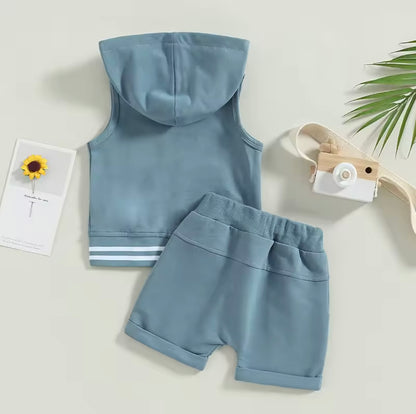 Kids Boys Lightweight Sleeveless Hooded Zipper & Shorts Set. 4 Colours 3M-3Y
