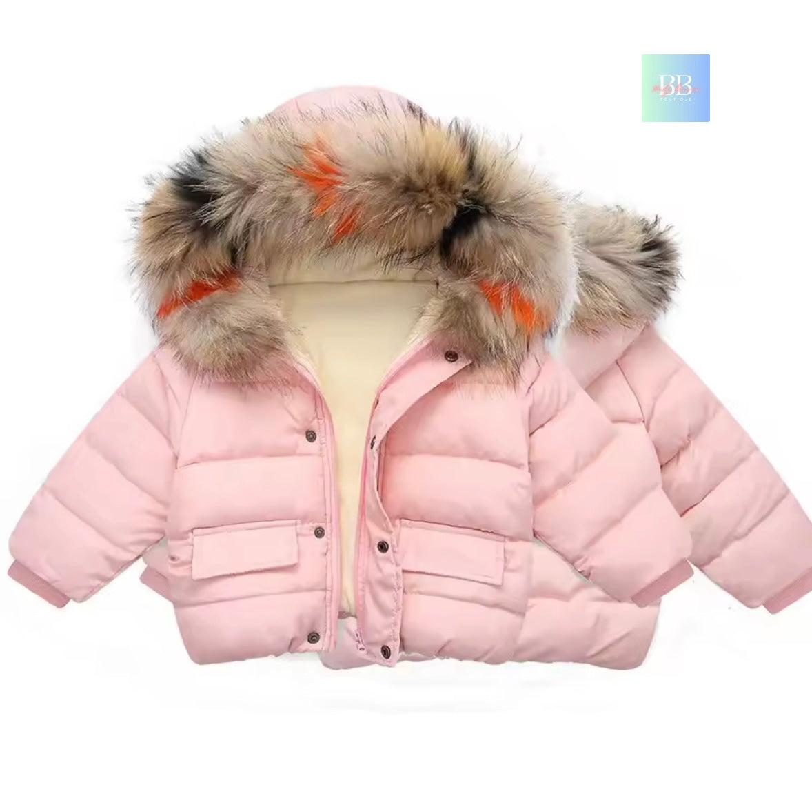 Pink puffer jacket with a fur-lined hood on a white background