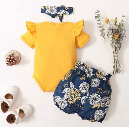 Baby Toddler Romper Floral Shorts & Floral Headband. 0-18M
