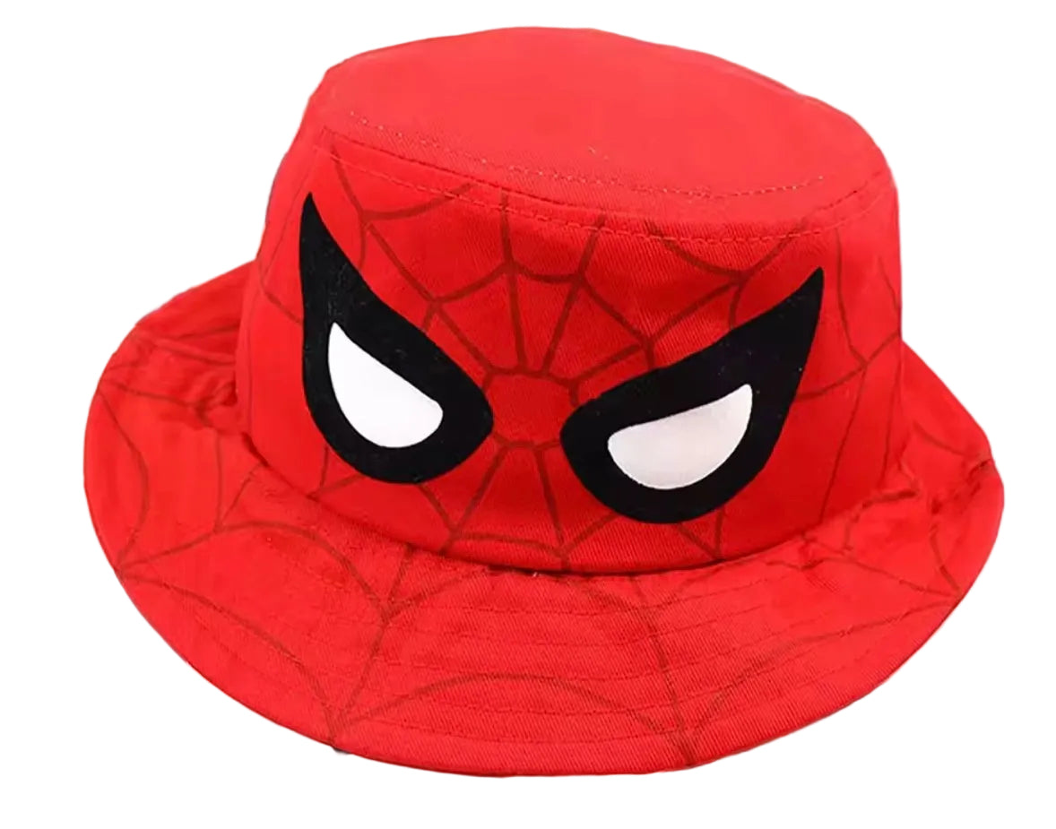 Red bucket hat with spider web design on a white background
