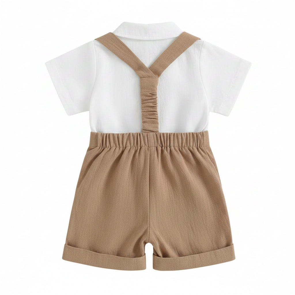 Baby Toddler Boys Romper Shirt with Bow Tie & Dungaree Shorts. 3 Colours 3-24M