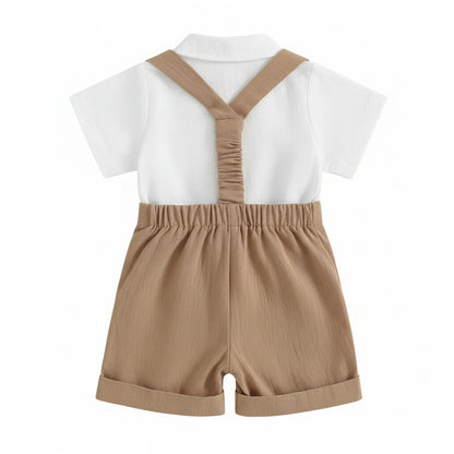 Baby Toddler Boys Romper Shirt with Bow Tie & Dungaree Shorts. 3 Colours 3-24M