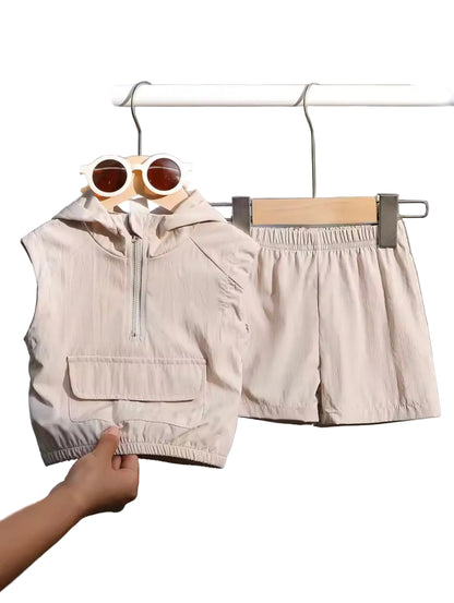 Kids Lightweight Hooded Sleeveless Sports Half Zip & Shorts Set 3M-3Y