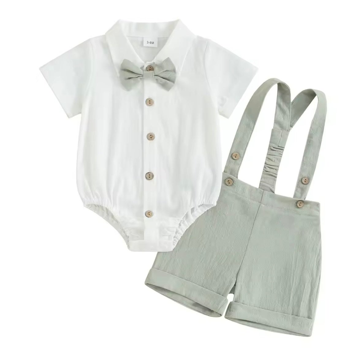 Baby Toddler Boys Romper Shirt with Bow Tie & Dungaree Shorts. 3 Colours 3-24M