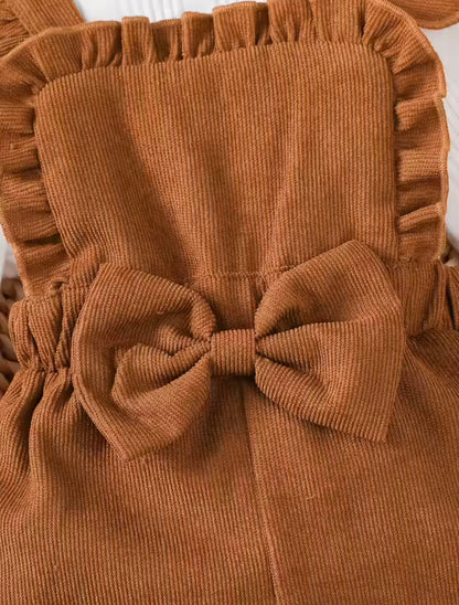 Baby Toddler Girls Ribbed Bowknot Dungarees & Ribbed Long Sleeve Top Set. 2 Colours 3-24M