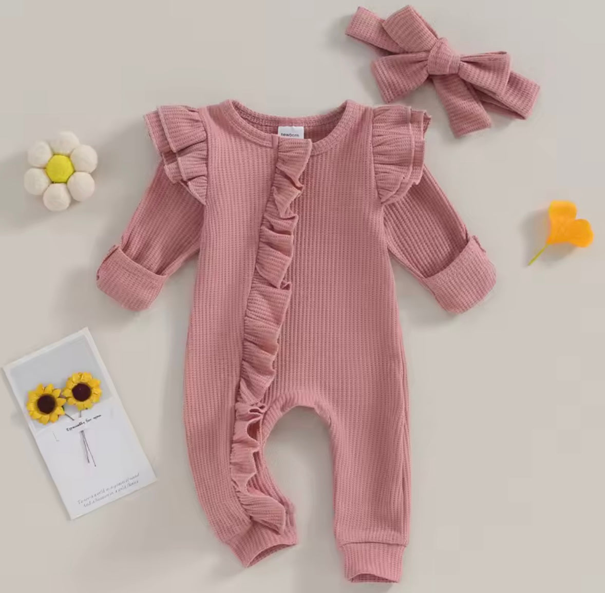 Baby Toddler Girls Ribbed Ruffle Romper & Headband Set. 3 Colours Newborn-12M
