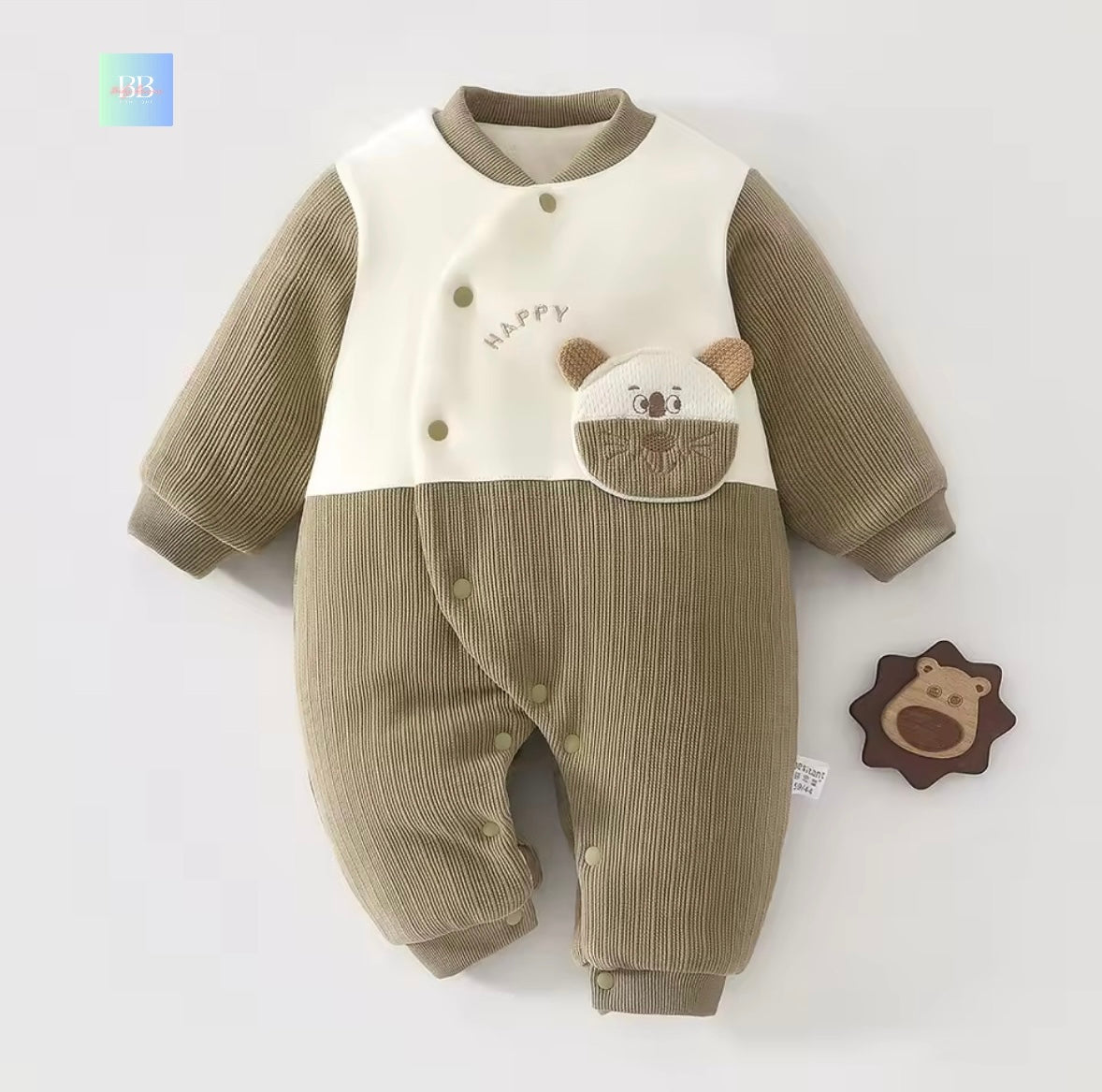 Baby romper with cartoon bear design on a light gray background