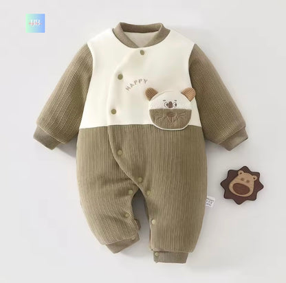 Baby romper with cartoon bear design on a light gray background