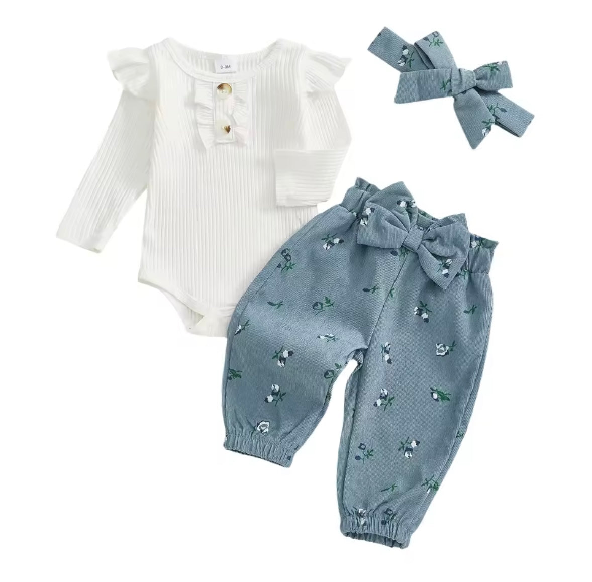 Kids Girls Long Sleeve Romper With Floral Trousers & Headband Set. 3 Colours 1-12M
