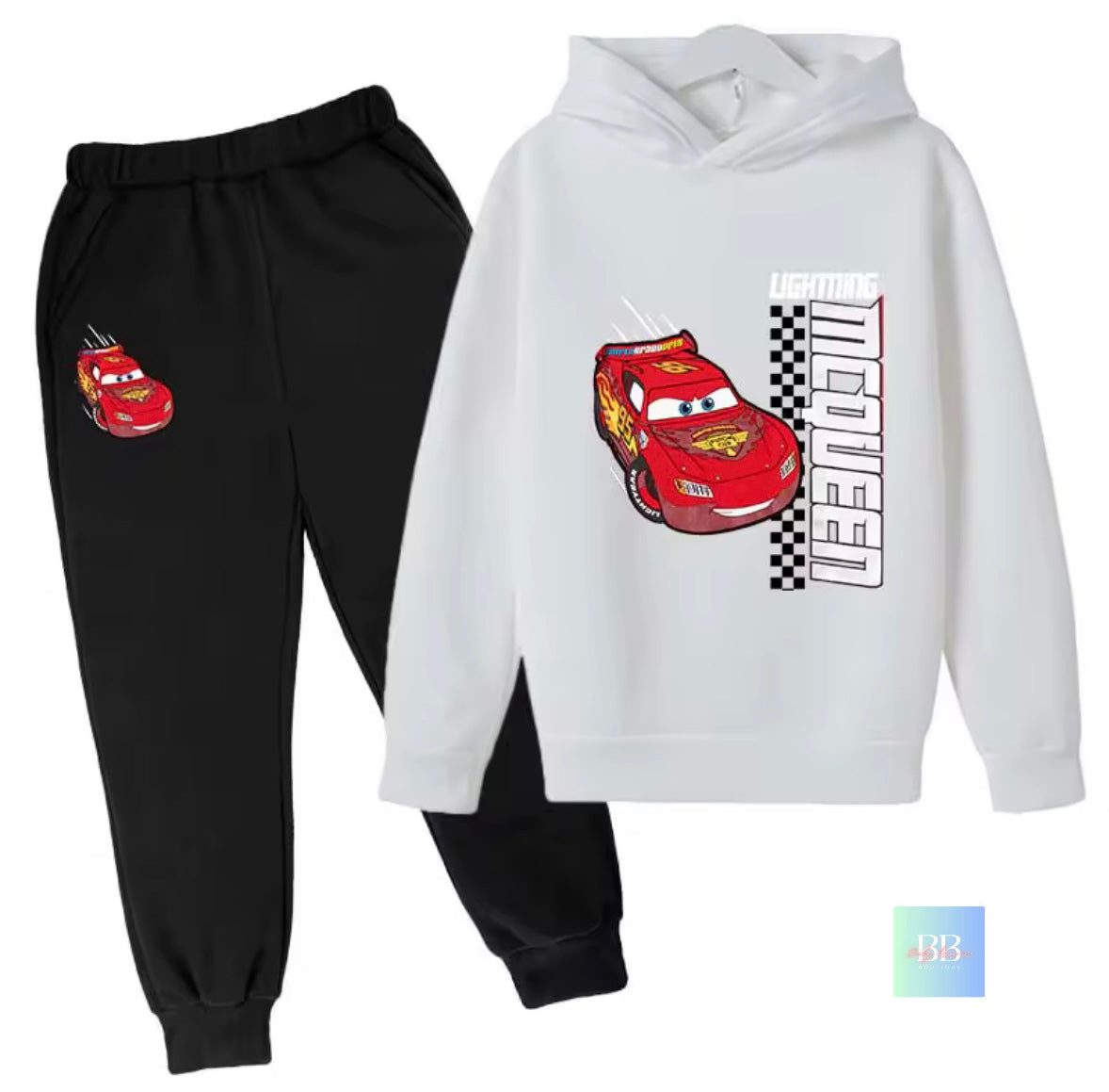 Children's hoodie and pants set with Lightning McQueen design on a white background