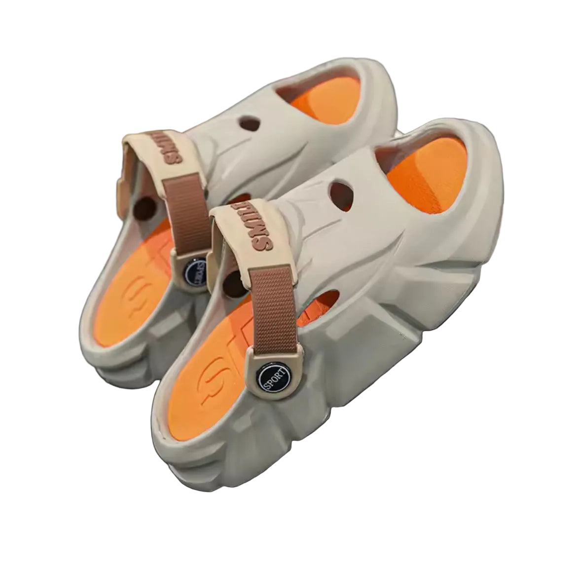 White sandals with orange soles and brown straps on a reflective surface.