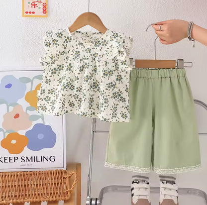 Kids Girls Lightweight Sleeveless Floral Top & Wide Leg Shorts Set. 12M-5Y