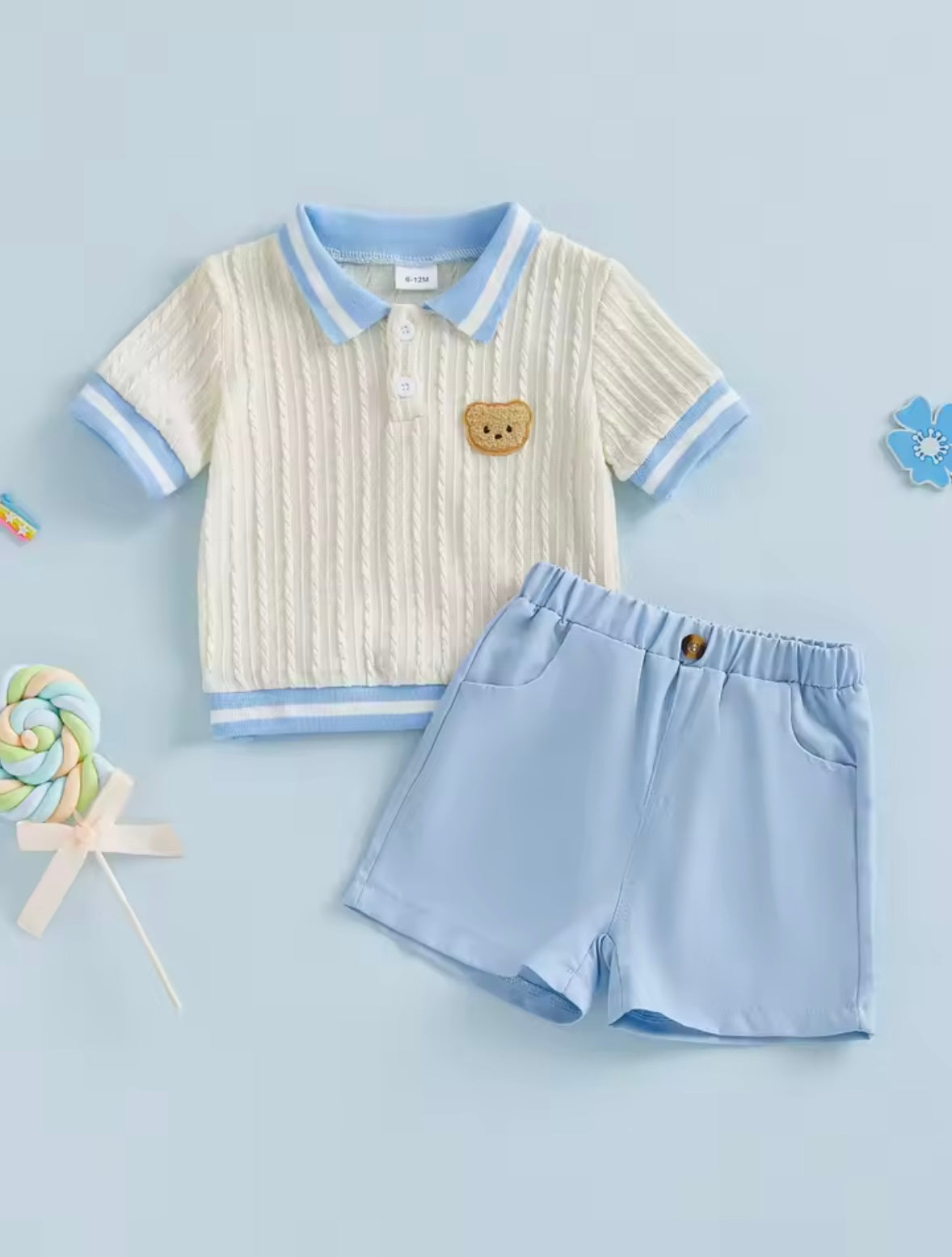 Kids Boys Cable Knit Collared Top & Shorts Set. 2 Colours 6M-4Y.