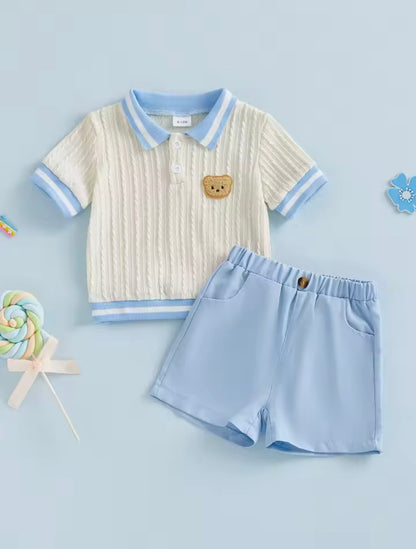 Kids Boys Cable Knit Collared Top & Shorts Set. 2 Colours 6M-4Y.
